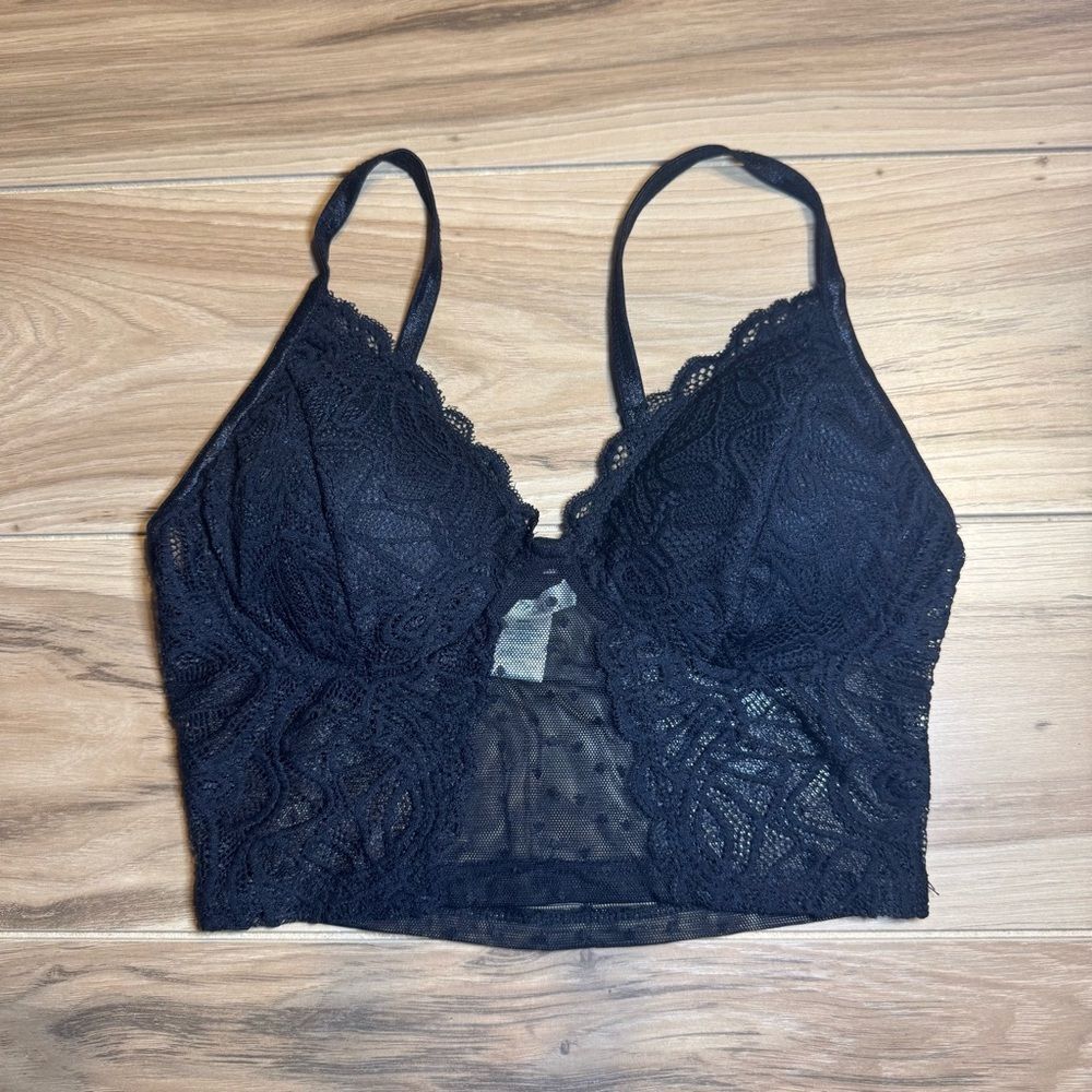 Womens Black Lace Mesh Bralette Padded Small Crop Top Layering Whimsigoth Grunge